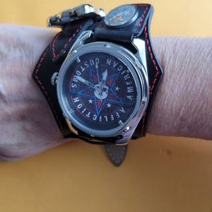 Affliction Black Leather Watch with Red Stitching
